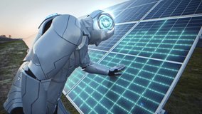Human-like cyborg robot hand touching, activating solar panel. Animation concept of recharging robotic electric battery on ecological power station construction. Future Advanced Digital Technology - Powered by Shutterstock - Get 15% off with code: PIKWIZARD15