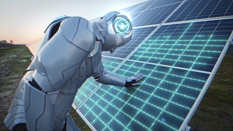 Human-like cyborg robot hand touching, activating solar panel. Animation concept of recharging robotic electric battery on ecological power station construction. Future Advanced Digital Technology