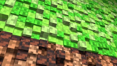 3D Abstract cubes. Video game minecraft geometric mosaic waves pattern. Construction of hills landscape using brown and green grass blocks. Minecraft style. 3d animation loop of 4K