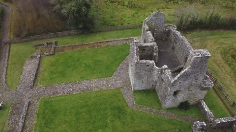 Tully Castle, Northern Ireland-  Feb 27, 2021: Aerial 4k video rotating around the ruins of Tully Castle in  county Fermanagh Northern Ireland