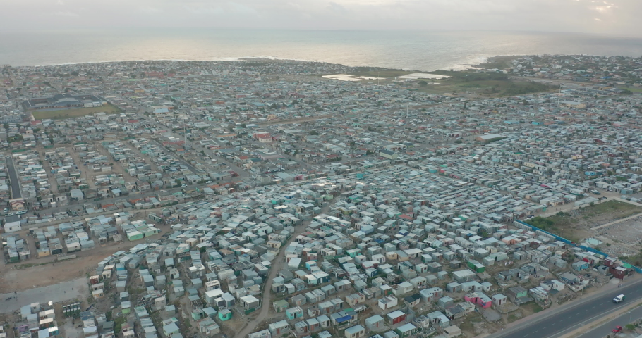 Aerial view. Ramshackle township of Gugulethu, one of the poverty stricken slums. GUGULETHU, SOUTH AFRICA.
