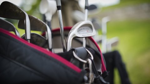 Barrie, Ontario - July 12 2019: Close Up of Golf Clubs in a Bag on the Back of a Cart