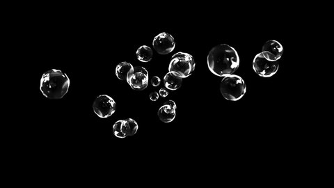 soap bubbles isolated on black background, seamless loop 4k 3d render Animation Green Screen. Ocean, Air, Water, Sea, Aqua, Bath, Liquid, Underwater, Drops, Drink, Fizz, Boiling, soda, Waterdrop.