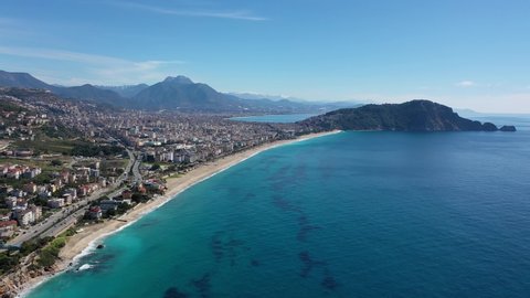 DRONE SHOT UP TO 4K RES, Alanya city by the famous Cleopatra Beach IN TURKEY 