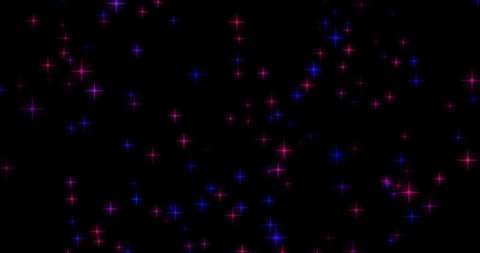 Shimmering star bokeh flying on black background. Stars motion animation. Unfocused effect. Horizontal composition, 4k video quality