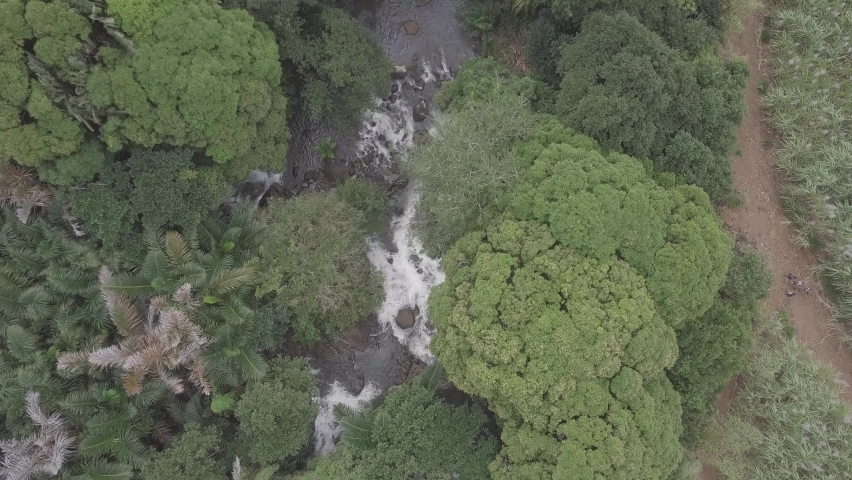 Aerial footage of Deep River waterfall located in the east of Mauritius island