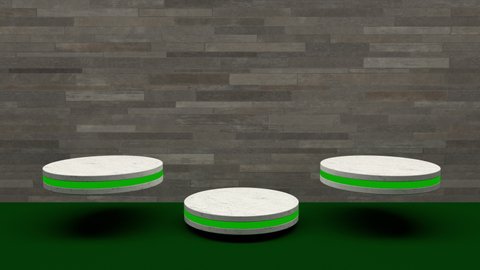 Marble product stand futuristic or podium pedestal on empty display growing flashing light with stone wall backdrops. 3D rendering. seamless loop.