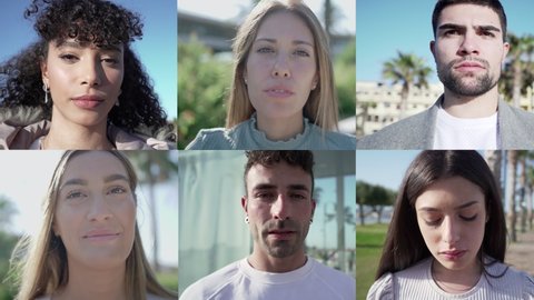 Video collage of six young people group in city street looking at camera putting on surgical mask for corona virus pandemic prevention to protect other people. New normal social responsibility concept