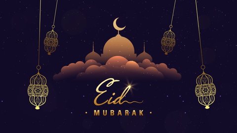 Happy eid greeting motion design animation. Beautiful 4k eid mubarak islamic design concept with hanging ramadan candle lantern and mosque.