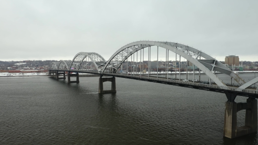 Aerial Establishing Shot of Centennial Bridge Connecting Davenport, Iowa and Rock Island, Illinois