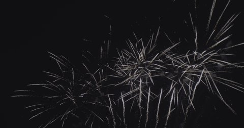 Multiple white fireworks bursts scatter across the sky in real time
