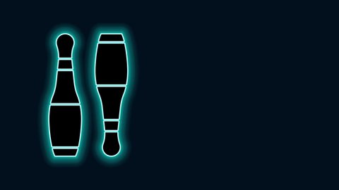 Glowing neon line Bowling pin icon isolated on black background. Juggling clubs, circus skittles. 4K Video motion graphic animation.