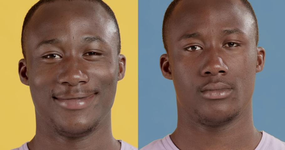 Collage of african american man portraits showing happy and unhappy facial expressions, close up, slow motion