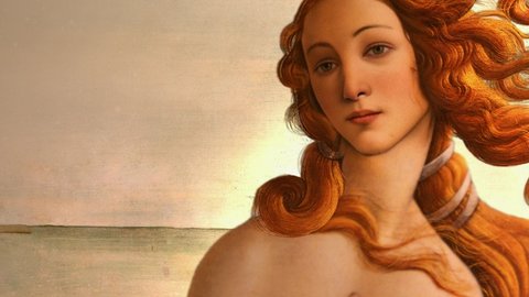 The birth of Venus, animated painting by Sandro Botticelli, Renaissance art history.