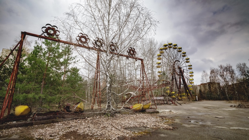 Chernobyl exclusion zone. Pripyat. Landscape timelapse footage of an abandoned city. Abandoned amusement park. Ukraine