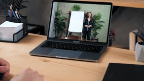 Man at home office study watch online remote video call webinar master class course laptop, writes in notebook listen teacher. Distance woman coach trainer talk teaches student, writes on whiteboard