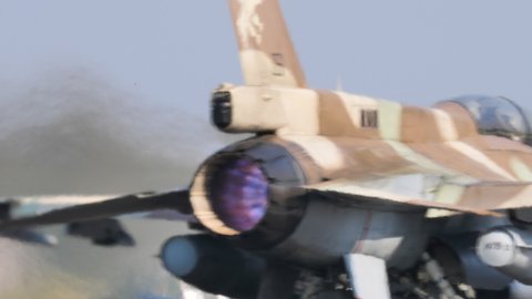Andravida Airport, Greece 04.03.2019 Close-up of the lit afterburner of a fighter plane taking off. Lockheed Martin F-16 Fighting Falcon or Viper of Israel Air Force