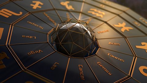 futuristic armillary close-up animation, zodiac signs and names, months and degrees (3d render)
