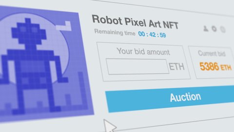 close-up of a computer monitor, web page with a NFT auction, placing a bid