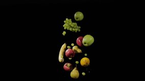 Wet fresh banana, apples, grapes, pear, lemons fly up and spinning with water splashes on a black background in slow motion shot, water drops on fruits - Powered by Shutterstock - Get 15% off with code: PIKWIZARD15