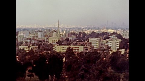Panorama of Cairo city from Giza archaeological site valley temple of Khafre. Historical archival of Cairo city of Egypt in 1981.