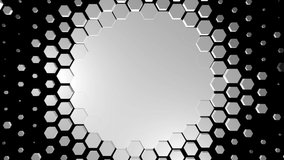 White hexagons on a black background joined each other to form a flat surface, but separate ones still pulsate along the edges. Seamless loop.