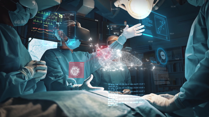 Surgeons examine patient organ using augmented reality holographic headsets. Doctor analysis health status interacting with virtual interface. Animation of digital liver appearance. Future medicine | Shutterstock HD Video #1071095128