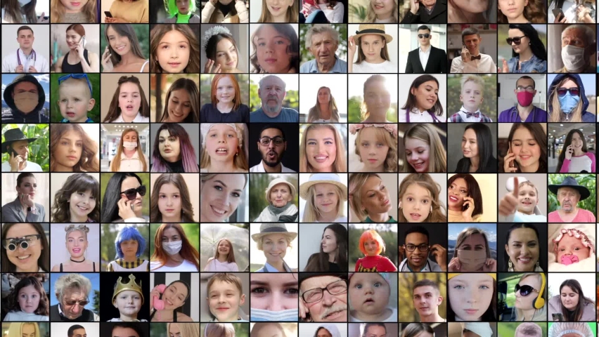 Video collage of 116 people, collage of different multiethnic people looking at camera. Editing on different screens of different ethnic men, women and children Royalty-Free Stock Footage #1071099592