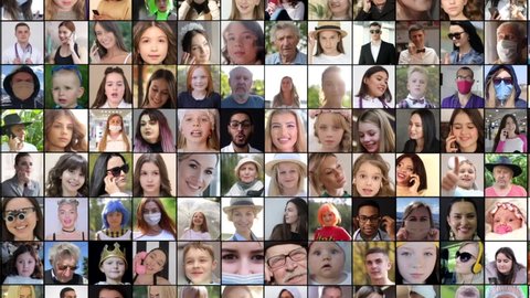Video collage of 116 people, collage of different multiethnic people looking at camera. Editing on different screens of different ethnic men, women and children