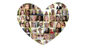 Collage of faces of people of different origins. Heart shaped video