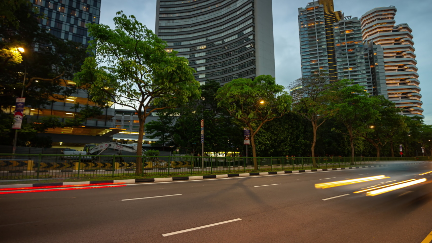 twilight illumination singapore city downtown traffic street panorama timelapse 4k
