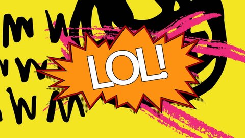 Animation of lol text on retro speech bubble over black squiggles on yellow background. retro communication, colour and movement concept digitally generated video.