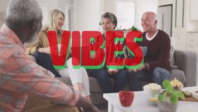 Vibes text against two senior diverse couple talking to each other while having coffee at home. retirement senior lifestyle living concept - Powered by Shutterstock - Get 15% off with code: PIKWIZARD15