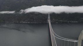 Panning areal footage of one of the longest suspension bridges in the world. Western Norway, Hardanger bridge