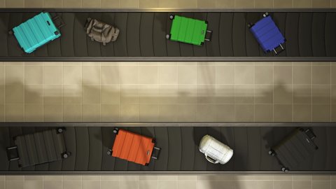 Luggages Moving On Airport Conveyor Belt Overhead View Loopable. realistic 3d animation. Suitcases of different colors.