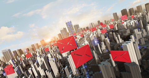 Email Symbols Flying Over The Futuristic Smart City Aerial. Technology And Social Media Related 4K CG Animations.