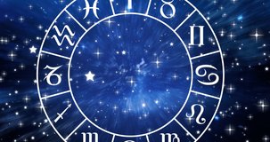 Animation of gemini star sign inside spinning wheel of zodiac signs over stars on blue sky. astrology and star signs chart concept digitally generated video.