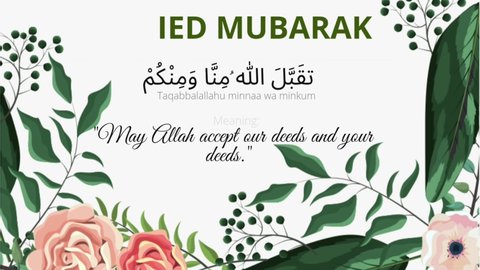 Greeting card for all Muslims all over the world. Prayers that are usually said when it is eid mubarak to fellow Muslims around the world. Flowers background