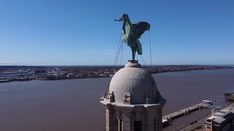 Liverpool, Merseyside, UK - April 12th, 2021: Liver Bird, Royal Liver Building -  Aerial  Footage