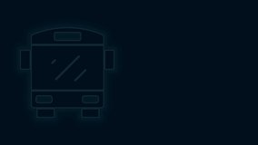 Glowing neon line Bus icon isolated on black background. Transportation concept. Bus tour transport sign. Tourism or public vehicle symbol. 4K Video motion graphic animation.