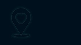 Glowing neon line Map pointer with heart icon isolated on black background. Valentines day. Love location. Romantic map pin. 4K Video motion graphic animation.