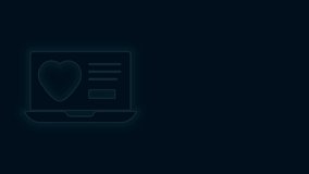 Glowing neon line Dating app online laptop concept icon isolated on black background. Female male profile flat design. Couple match for relationship. 4K Video motion graphic animation.