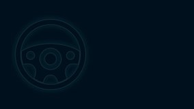Glowing neon line Steering wheel icon isolated on black background. Car wheel icon. 4K Video motion graphic animation.