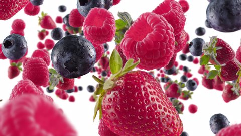 Burst of Strawberry Raspberry Blueberry in White Background with Alpha Channel