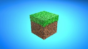 Video game geometric mosaic waves pattern. Construction of hills landscape using brown and green grass blocks on a blue background. Rotation of the square. Minecraft style. 3d animation loop of 4K