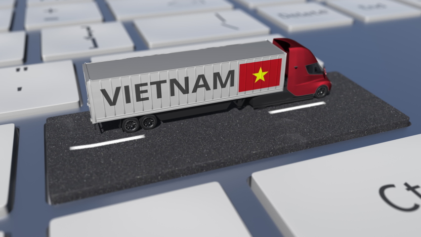 Truck with flag of Vietnam moves on the keyboard key. Export or import related 3d animation