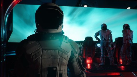 The astronaut leave the control room and walk along the corridor of the interstellar spacecraft. The animation is for fantastic, the futuristic or space travel backgrounds. Astronaut in a spaceship.