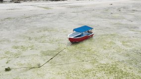 Aerial video: flies around a boat stranded during the low tide of the Indian Ocean, in the frame of a beautiful coastline