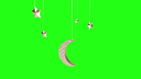 Ramadan Hanging Moon and Star from Top and Disapear with particles effects on Green Screen Background
