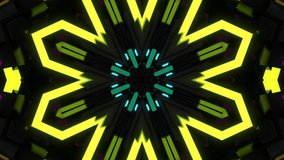 4k dark looped background with abstract symmetrical pattern of geometric 3d and neon light. Science fiction cyberpunk bg for show or events, festivals or concerts, music videos, VJ loop for night club